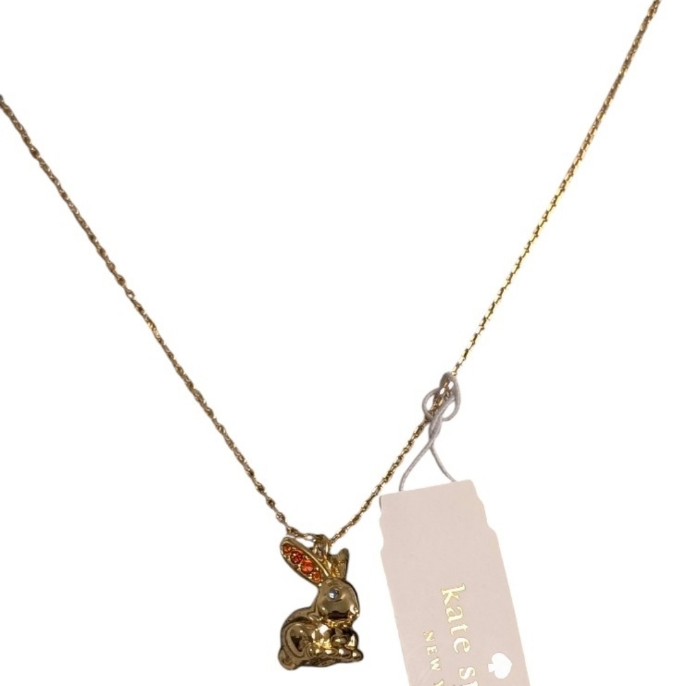 New Kate Spade ♠️ Gold-Tone Cubic Zirconia Heart Rabbit Pendant Necklace - Picture 2 of 4